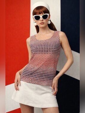 Women's Vintage 70s Perception Directions Red Blue Polka Dot Tank Top Sz S